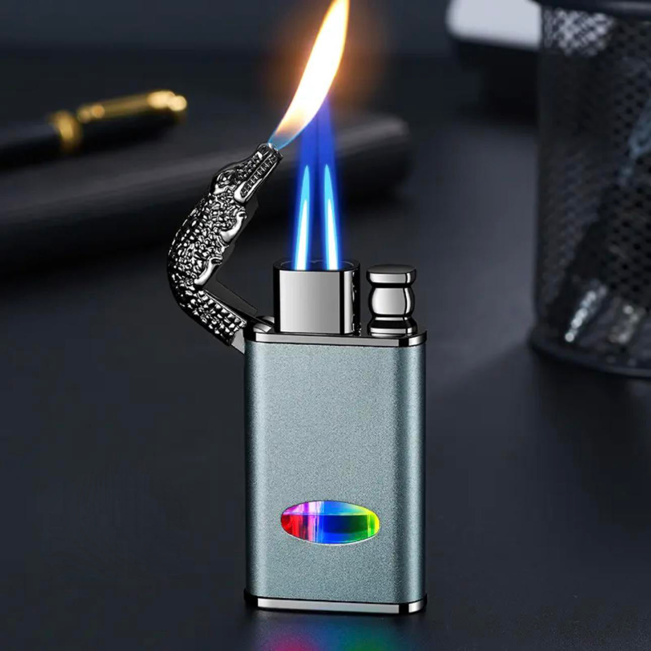 Crocodile Twin Flame Windproof Lighter, Refillable Lighter