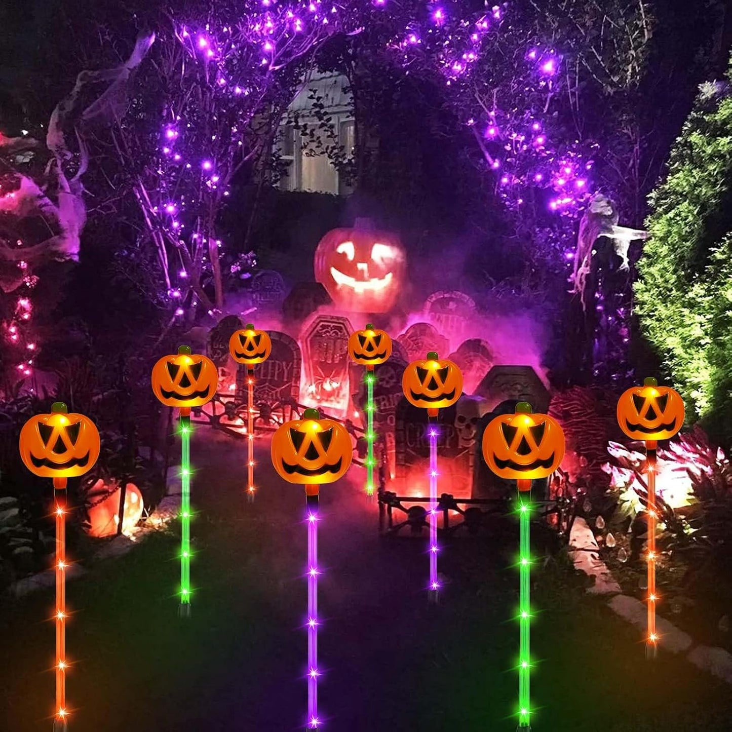 Pumpkin Solar Lights for Outdoor Halloween Decorations, Green Orange and Purple Halloween Lights