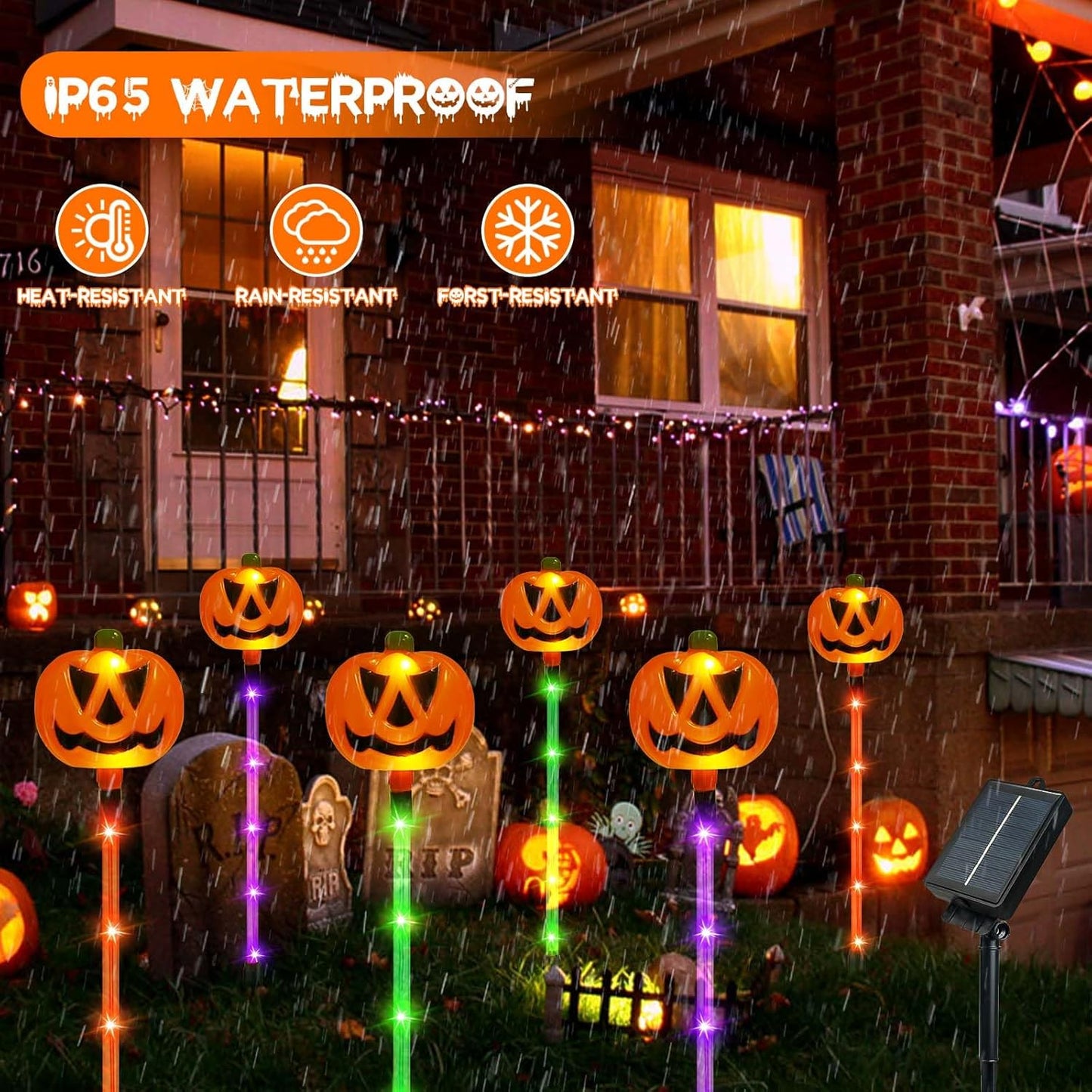 Pumpkin Solar Lights for Outdoor Halloween Decorations, Green Orange and Purple Halloween Lights